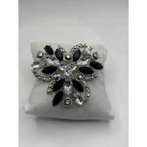 Vintage Style Black Clear Rhinestone Silver Tone Statement Floral Brooch Pin